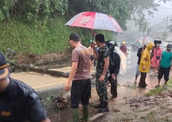 Tebing Ambruk dan Tiang Listrik Tumbang, Polsek Cisompet dan Warga Gotong Royong Buka Akses Jalan Garut–Cisompet